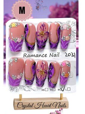 Purple Floral Press-On Nails | 3D Flowers, Gold Glitter & Rhinestone Nail Art
